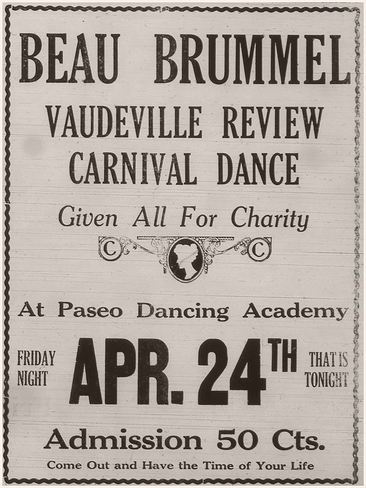 1925 ad for a Beau Brummel vaudeville review and carnival dance. THE KANSAS CITY CALL