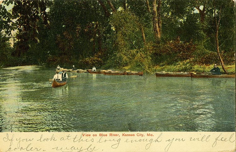 Postcard of canoeists floating the Blue River, dated June 30, 1909.