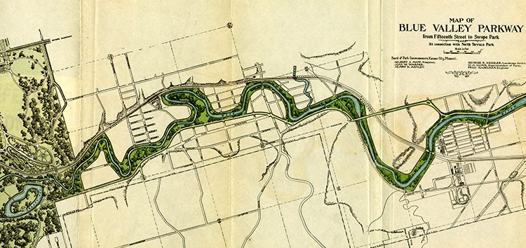 Map of the southern section of the proposed Blue Valley Parkway from Leeds to Swope Park, 1912.