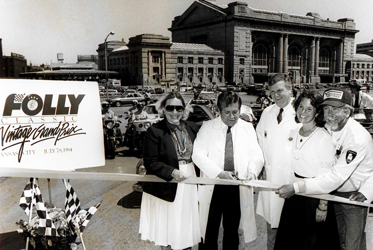 Race chairwoman Jane Bruening stands to the left of Mayor Richard Berkley as he cuts the ribbon for the race course. Also pictured: Robert W. MacGregor, Kathy Gates (race vice-chair) and Norm Miller. June 6, 1984.
