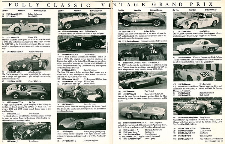 Some of the participants in the 1984 Folly Classic Vintage Grand Prix.