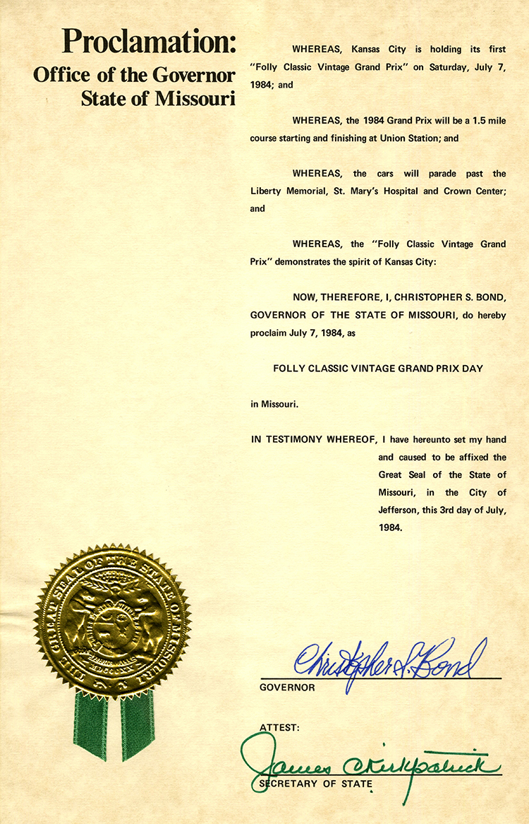 Governor’s proclamation for Folly Classic Vintage Grand Prix Day, July 3, 1984.