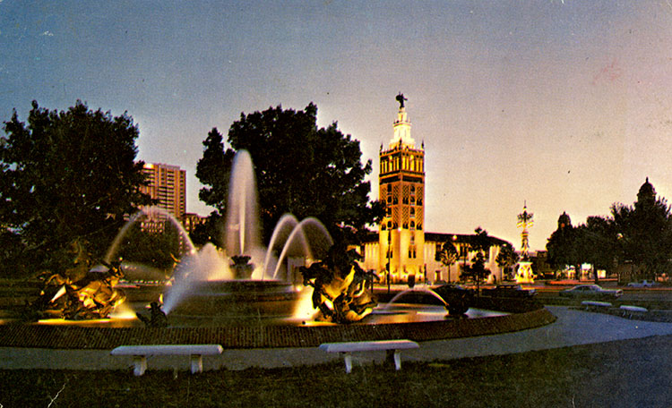 Postcard showing the Giralda Tower at dusk, ca. 1970s.