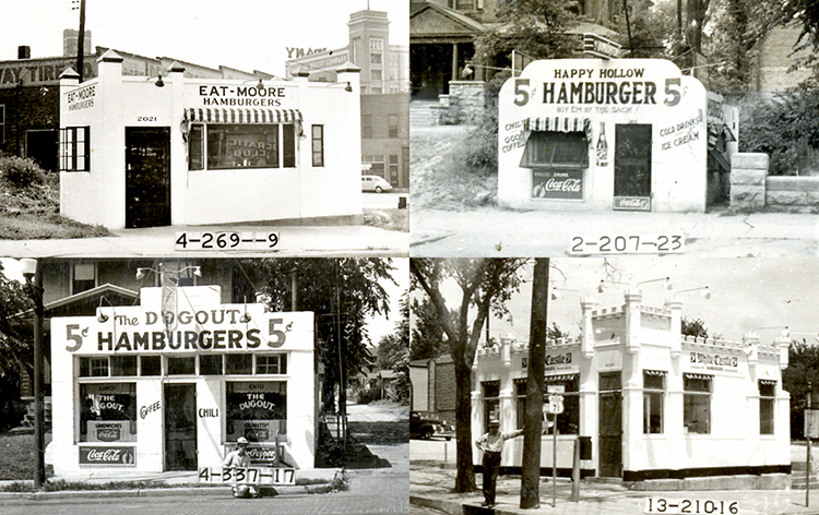 Clockwise from top left: Eat-Moore (2021 Broadway), Happy Hollow (2410 Independence Blvd.), White Castle (6423 Troost), and The Dugout (810 E. 31st St.) in 1940.