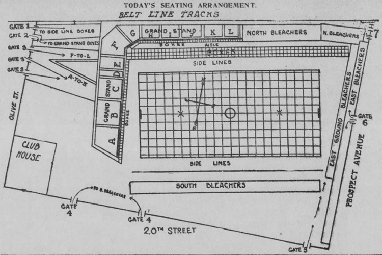 Layout for an early football game at Association Park, including the grid pattern that give fields their “gridiron” nickname. THE KASNAS CITY STAR