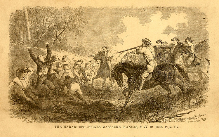 An illustration of Confederate guerrillas executing a group of free staters during the Marais des Cygnes Massacre on May 19, 1858. LIBRARY OF CONGRESS