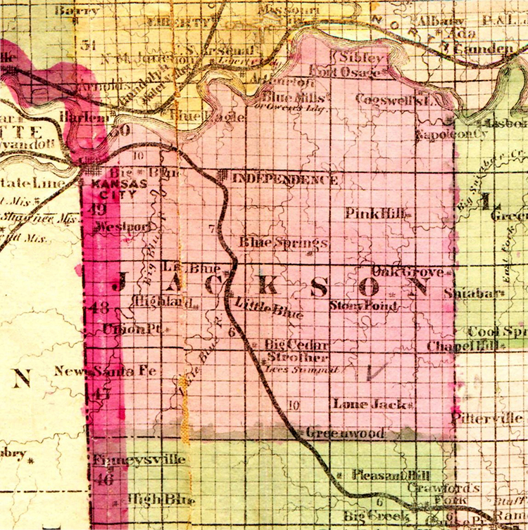 An 1870 map of Jackson County showing Big Cedar, Strother, and Lee’s Summit. KANSAS CITY PUBLIC LIBRARY