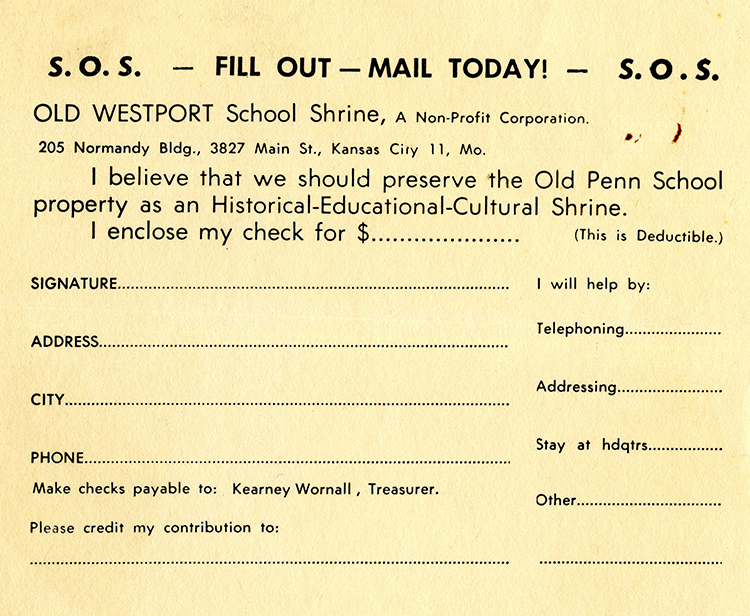Old Westport School Shrine donation card.