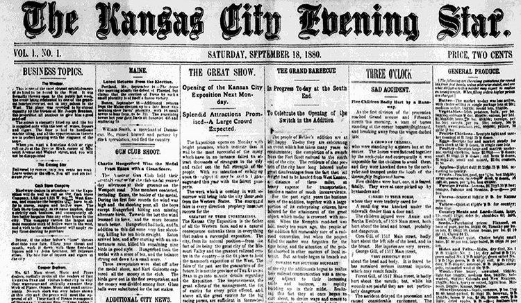 Front page of The Kansas City Evening Star, September 18, 1880.