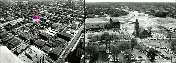 The area surrounding St. Mary’s before (left) and after urban renewal (right).