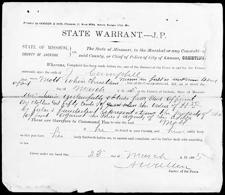 The 1885 arrest warrant for John Harvey Mott. MISSOURI STATE ARCHIVES