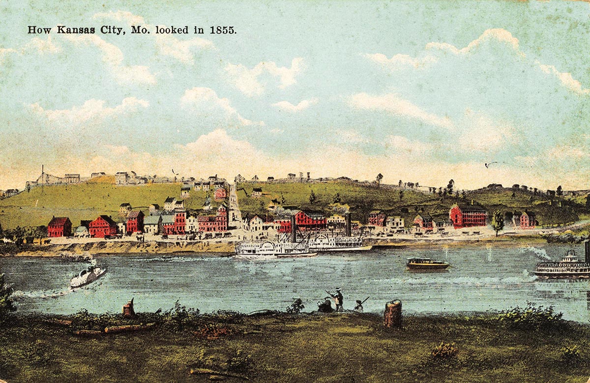 Postcard of the 1855 riverfront area of Kansas City.