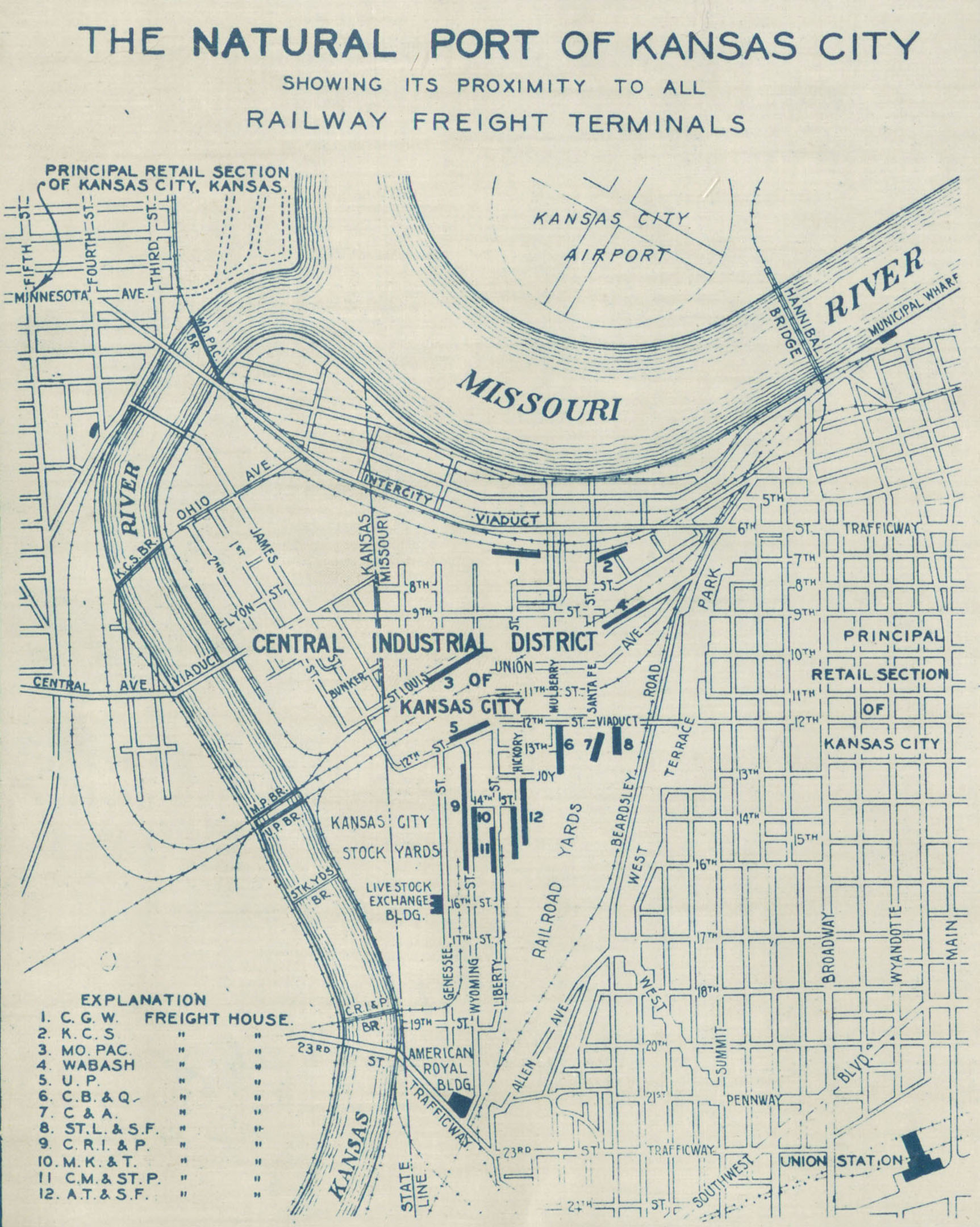 1930 map showing the West Bottoms as a natural port for railway freight.