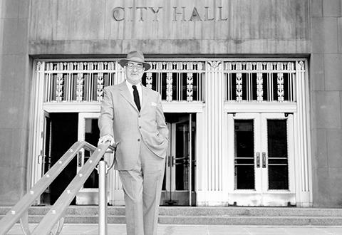 City Manager L.P. Cookingham on the steps of City Hall.